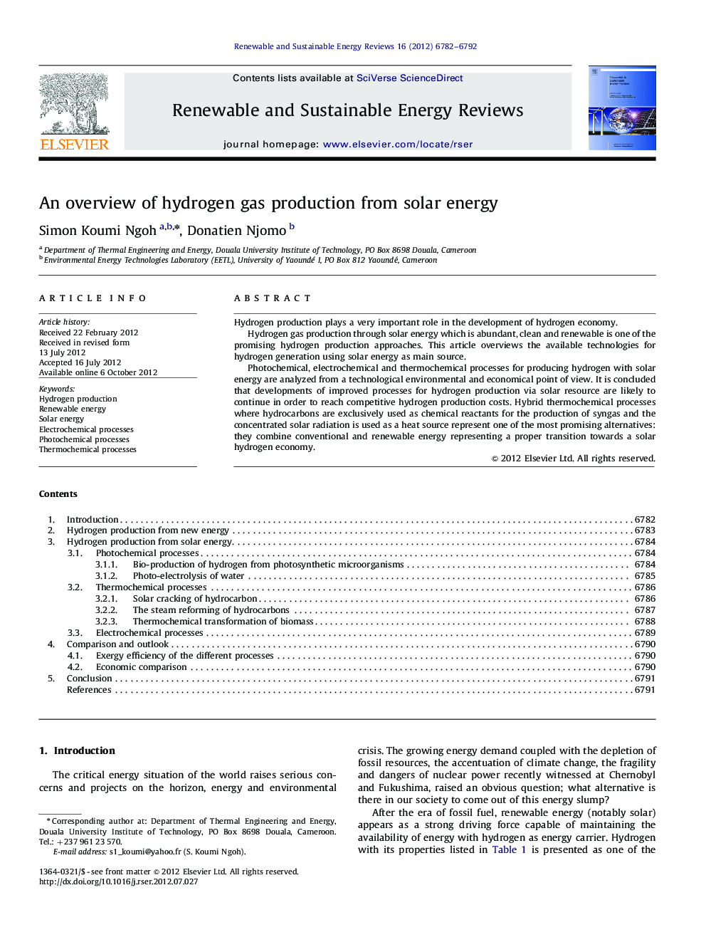 An overview of hydrogen gas production from solar energy