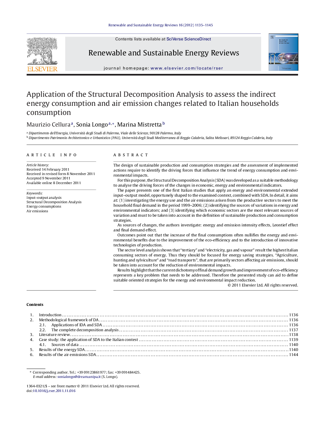 Application of the Structural Decomposition Analysis to assess the indirect energy consumption and air emission changes related to Italian households consumption