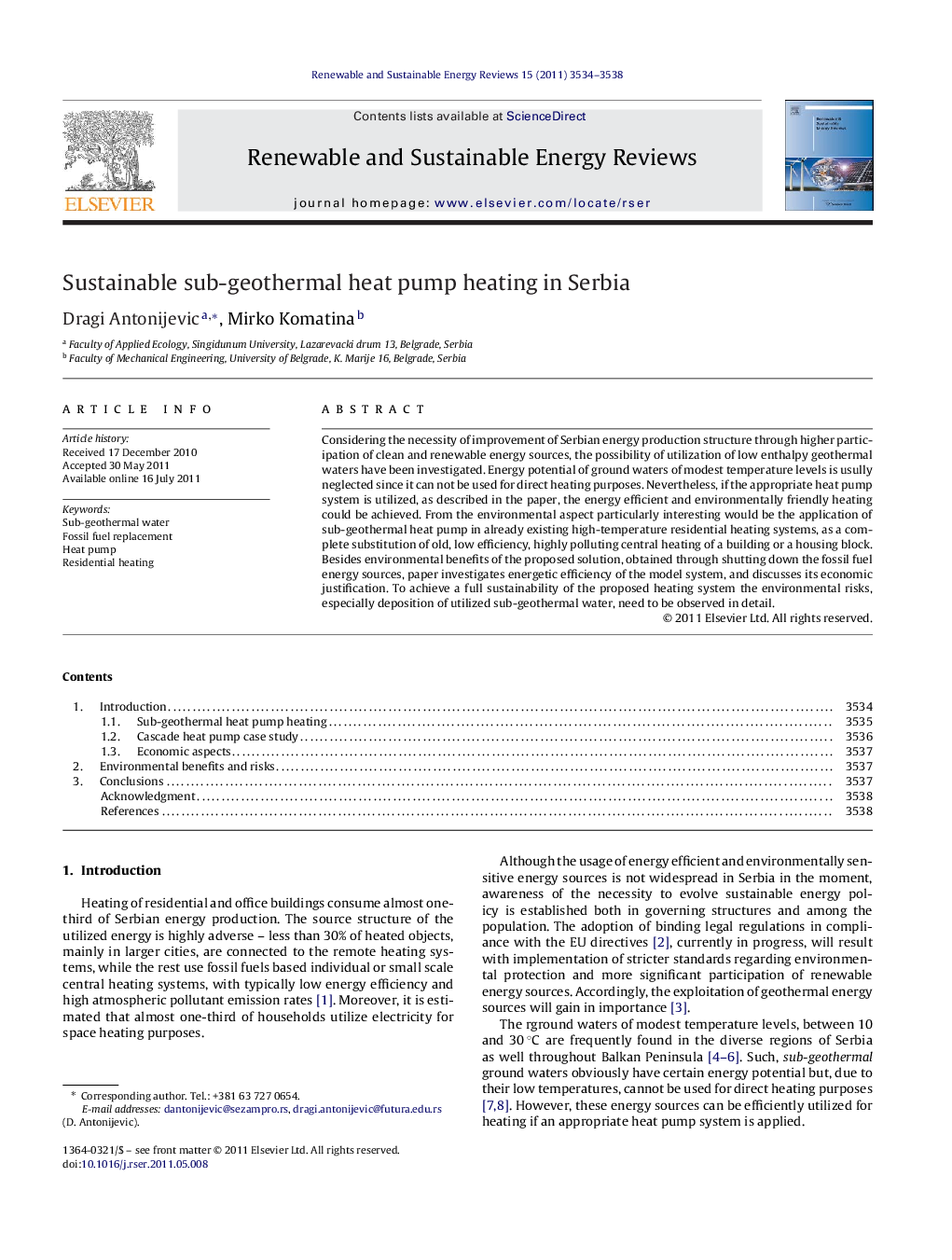 Sustainable sub-geothermal heat pump heating in Serbia