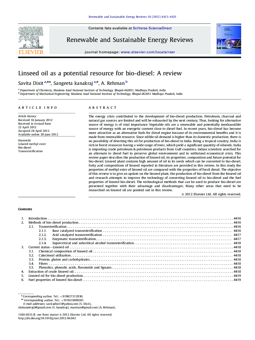 عکس صفحه اول مقاله: Linseed oil as a potential resource for bio-diesel: A review Linseed oil as a potential resource for bio-diesel: A review
