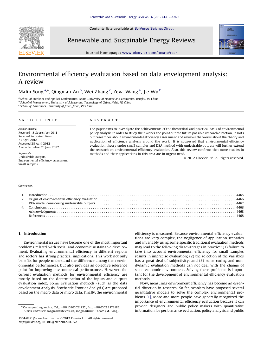 Environmental efficiency evaluation based on data envelopment analysis: A review