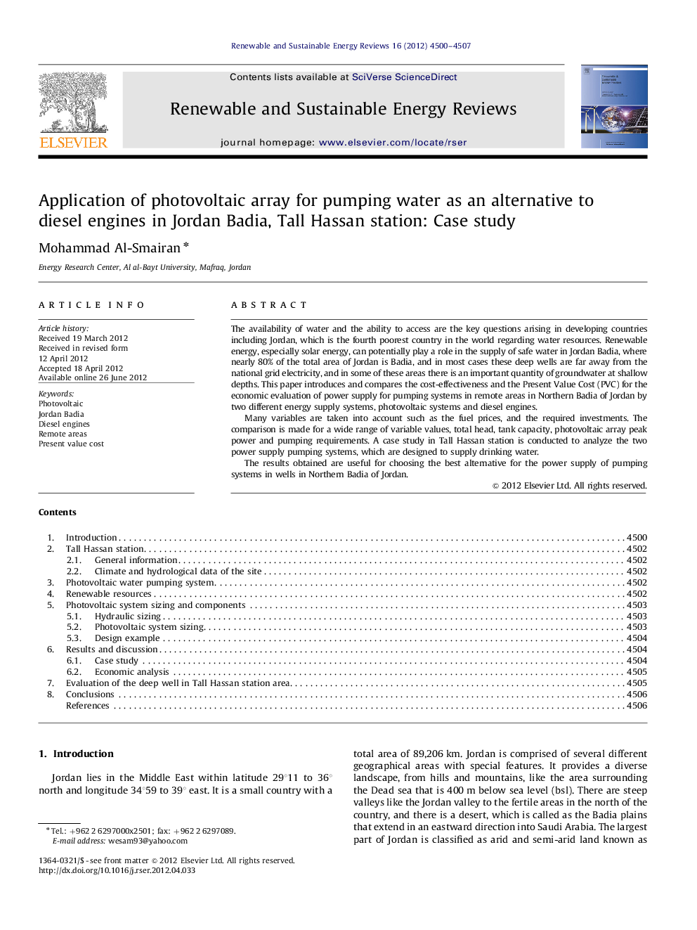 Application of photovoltaic array for pumping water as an alternative to diesel engines in Jordan Badia, Tall Hassan station: Case study