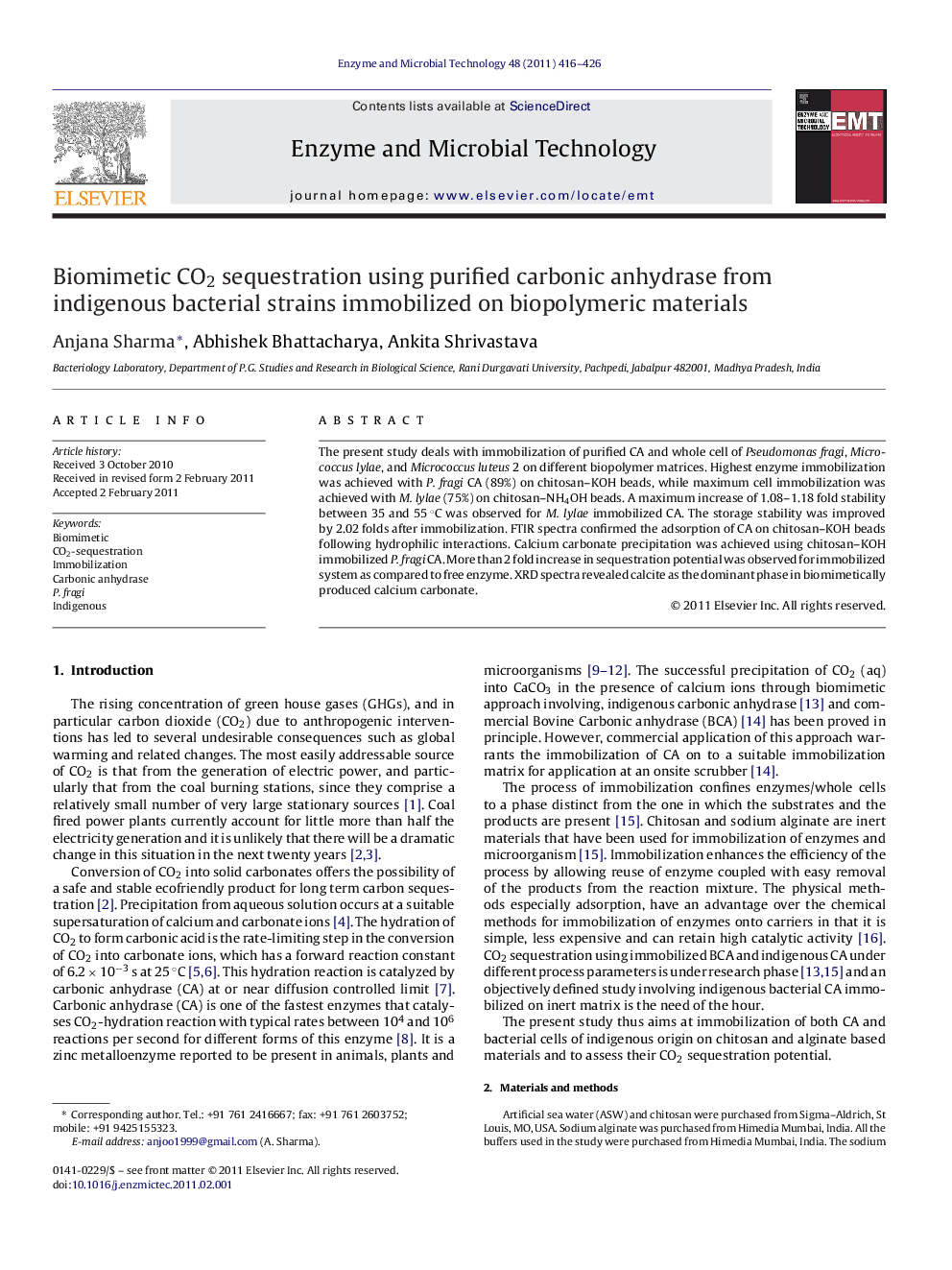 Biomimetic CO2 sequestration using purified carbonic anhydrase from indigenous bacterial strains immobilized on biopolymeric materials