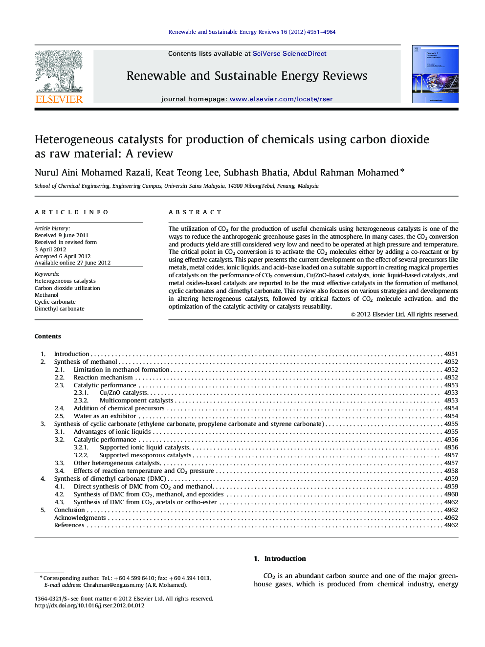 Heterogeneous catalysts for production of chemicals using carbon dioxide as raw material: A review