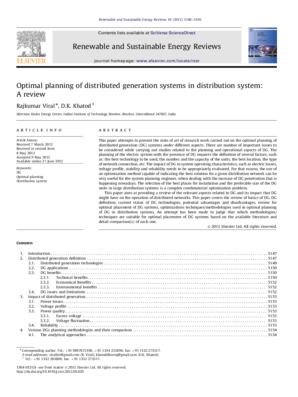 عکس صفحه اول مقاله: Optimal planning of distributed generation systems in distribution system: A review Optimal planning of distributed generation systems in distribution system: A review