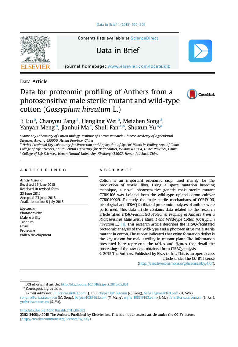 Data for proteomic profiling of Anthers from a photosensitive male sterile mutant and wild-type cotton (Gossypium hirsutum L.)