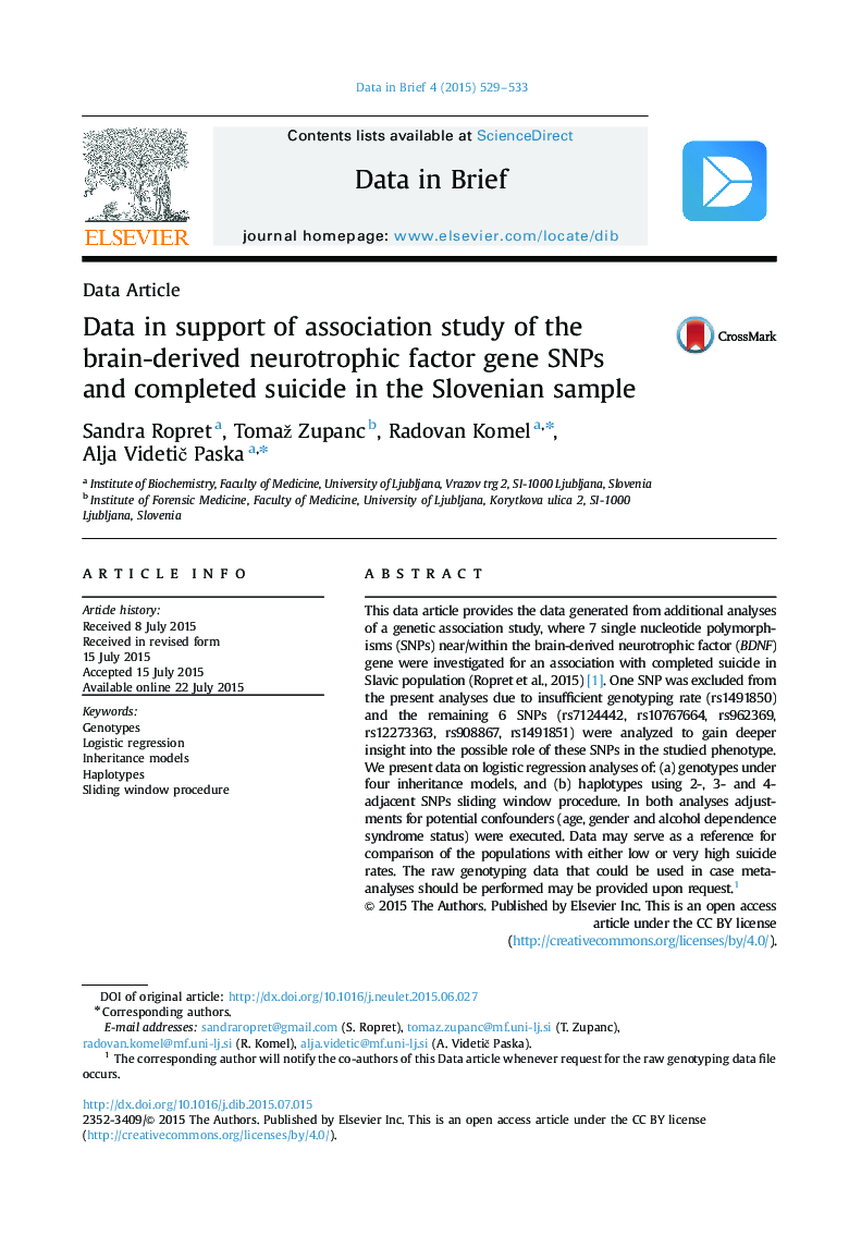 Data in support of association study of the brain-derived neurotrophic factor gene SNPs and completed suicide in the Slovenian sample