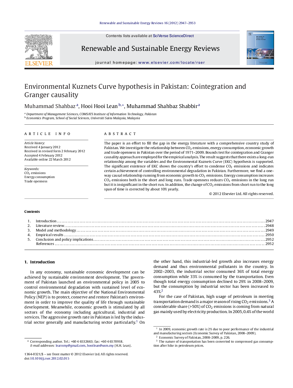 Environmental Kuznets Curve hypothesis in Pakistan: Cointegration and Granger causality