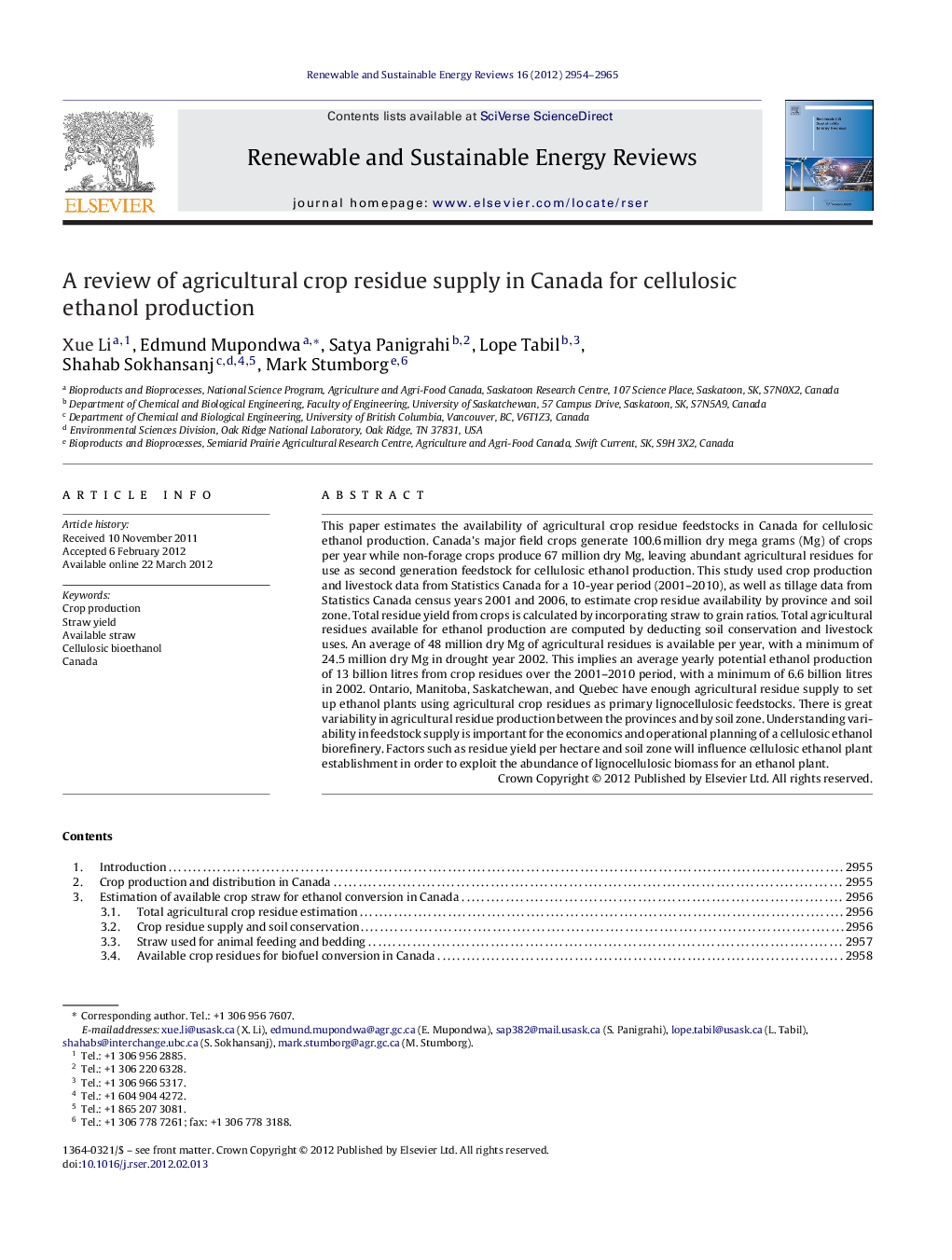 A review of agricultural crop residue supply in Canada for cellulosic ethanol production