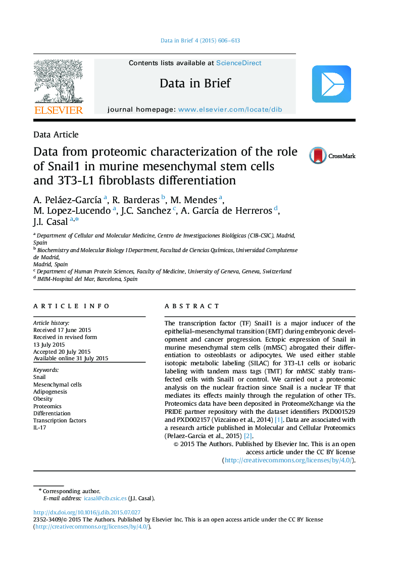 Data from proteomic characterization of the role of Snail1 in murine mesenchymal stem cells and 3T3-L1 fibroblasts differentiation