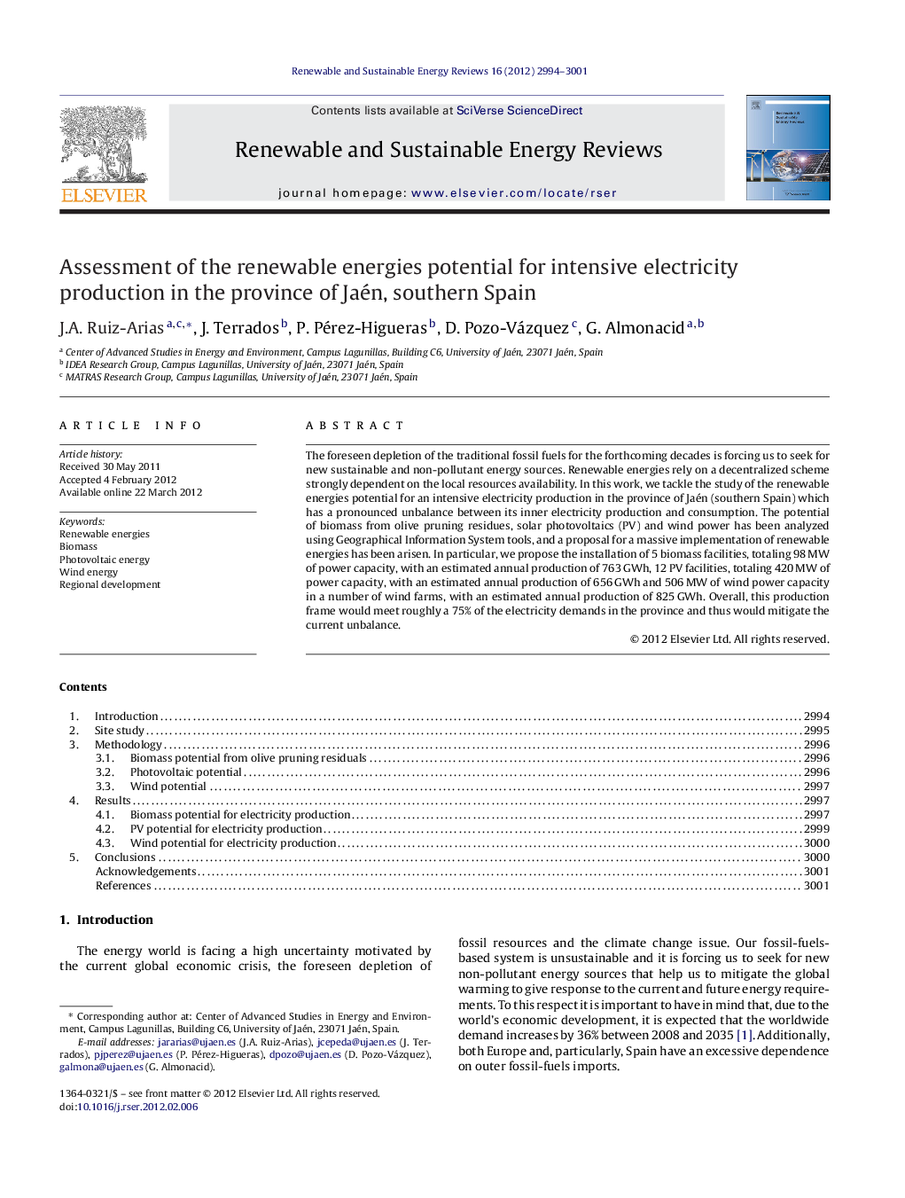Assessment of the renewable energies potential for intensive electricity production in the province of Jaén, southern Spain