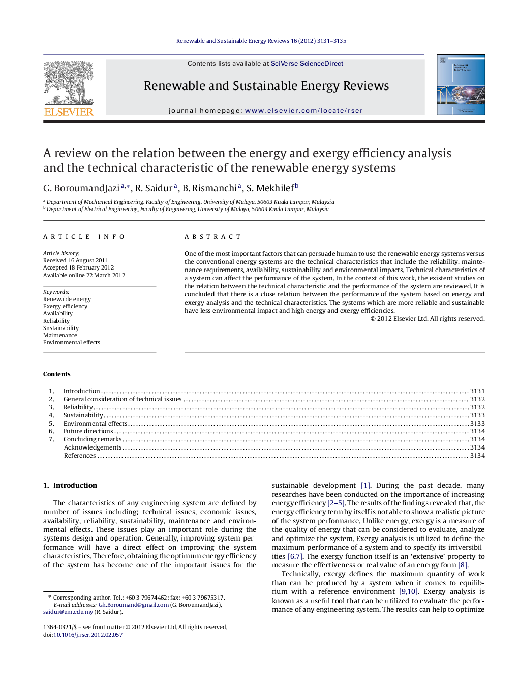 A review on the relation between the energy and exergy efficiency analysis and the technical characteristic of the renewable energy systems