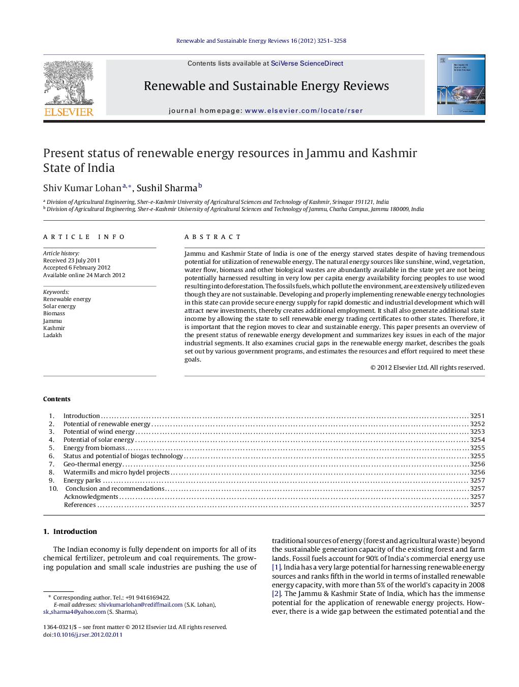 Present status of renewable energy resources in Jammu and Kashmir State of India