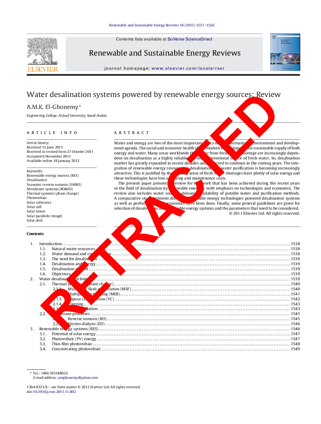 عکس صفحه اول مقاله: RETRACTED: Water desalination systems Powered by Renewable energy sources, Review RETRACTED: Water desalination systems Powered by Renewable energy sources, Review