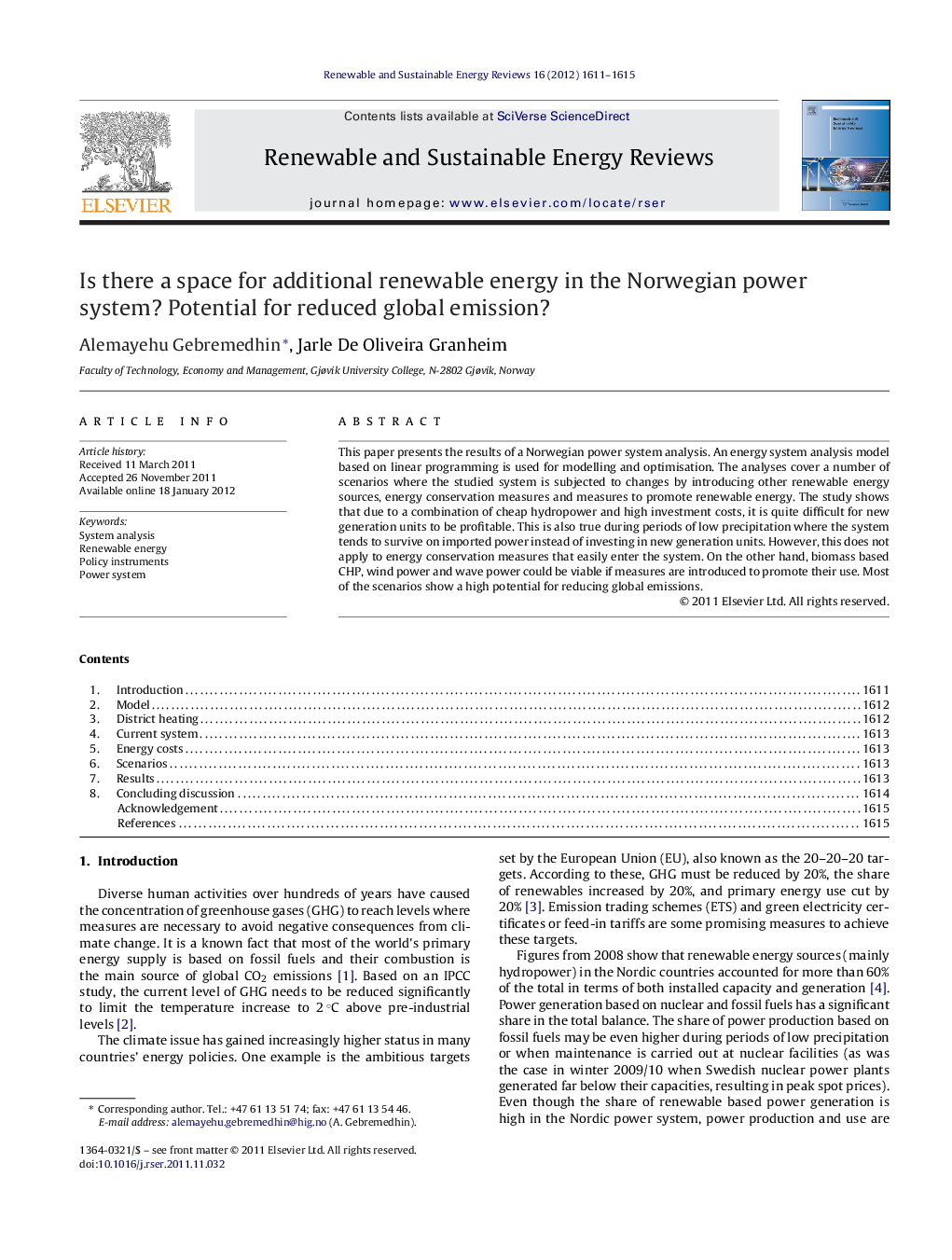 عکس صفحه اول مقاله: Is there a space for additional renewable energy in the Norwegian power system? Potential for reduced global emission? Is there a space for additional renewable energy in the Norwegian power system? Potential for reduced global emission?