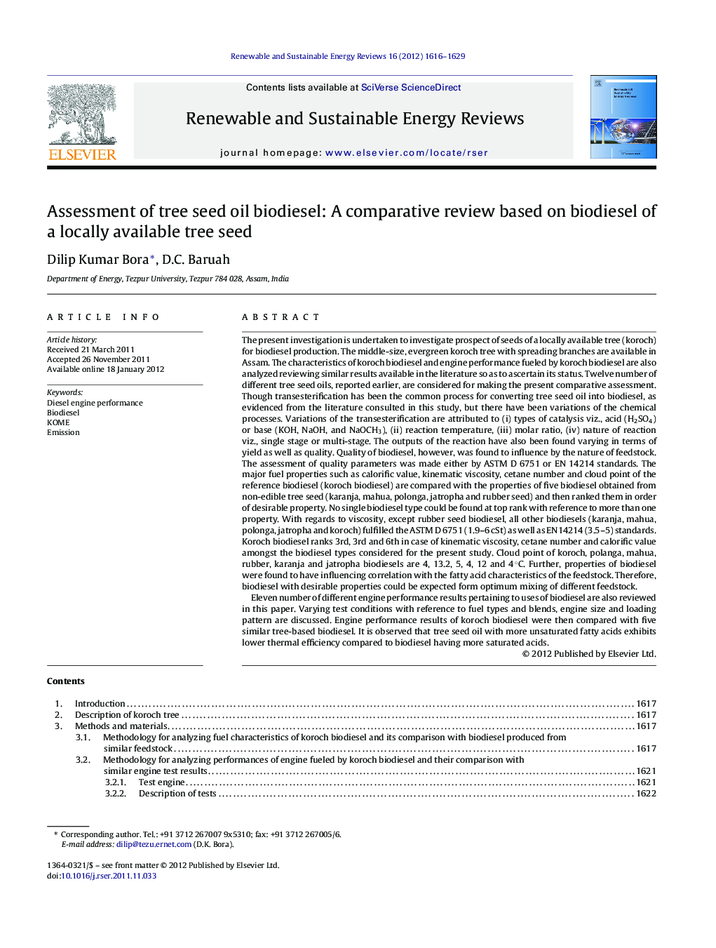 Assessment of tree seed oil biodiesel: A comparative review based on biodiesel of a locally available tree seed