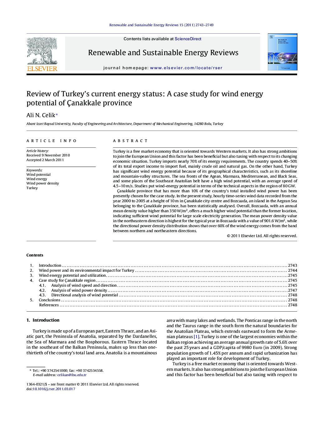 Review of Turkey's current energy status: A case study for wind energy potential of Ãanakkale province