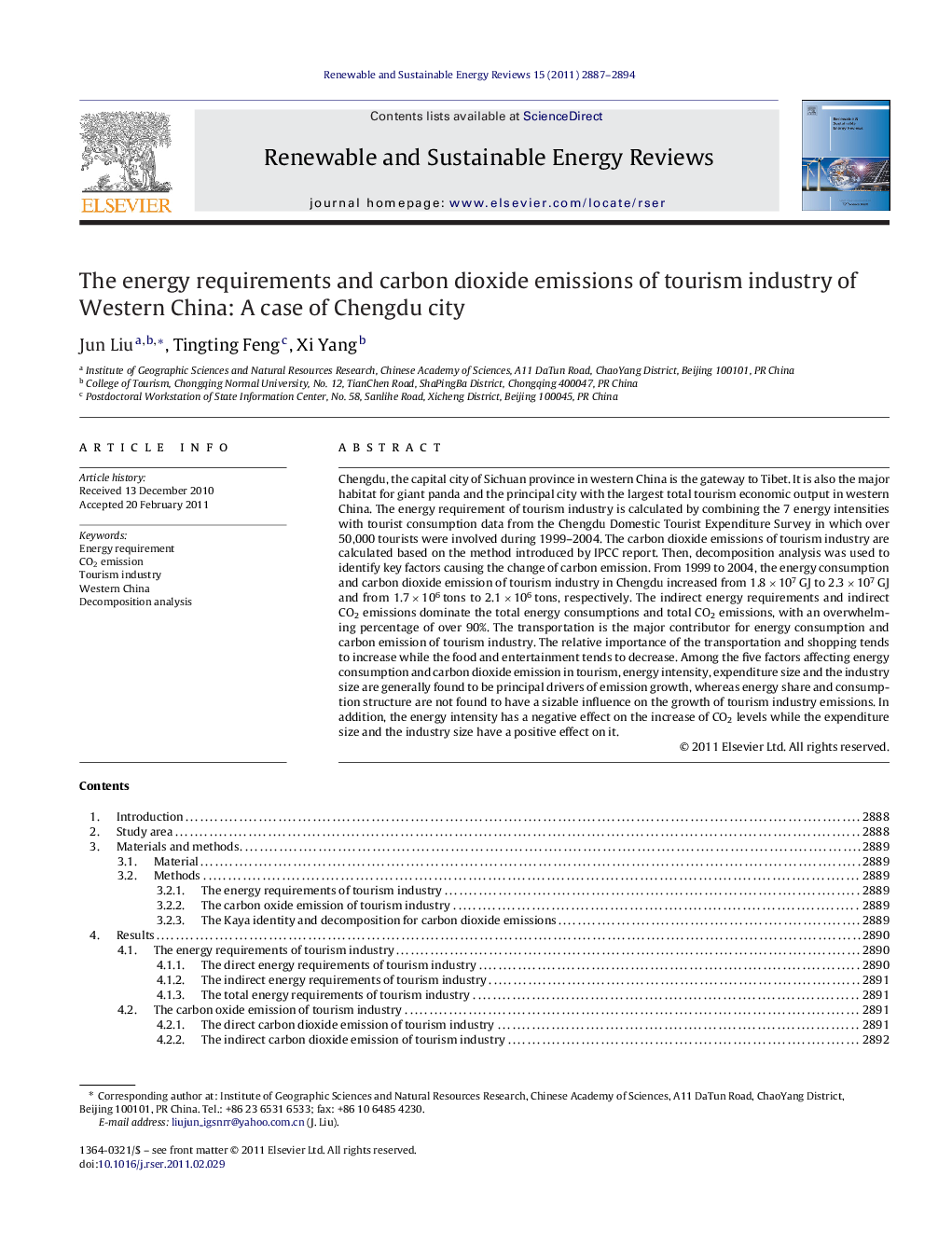 The energy requirements and carbon dioxide emissions of tourism industry of Western China: A case of Chengdu city