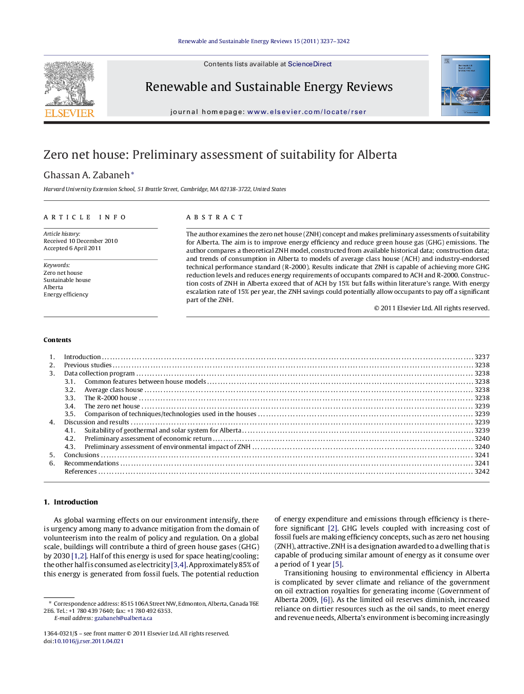 Zero net house: Preliminary assessment of suitability for Alberta