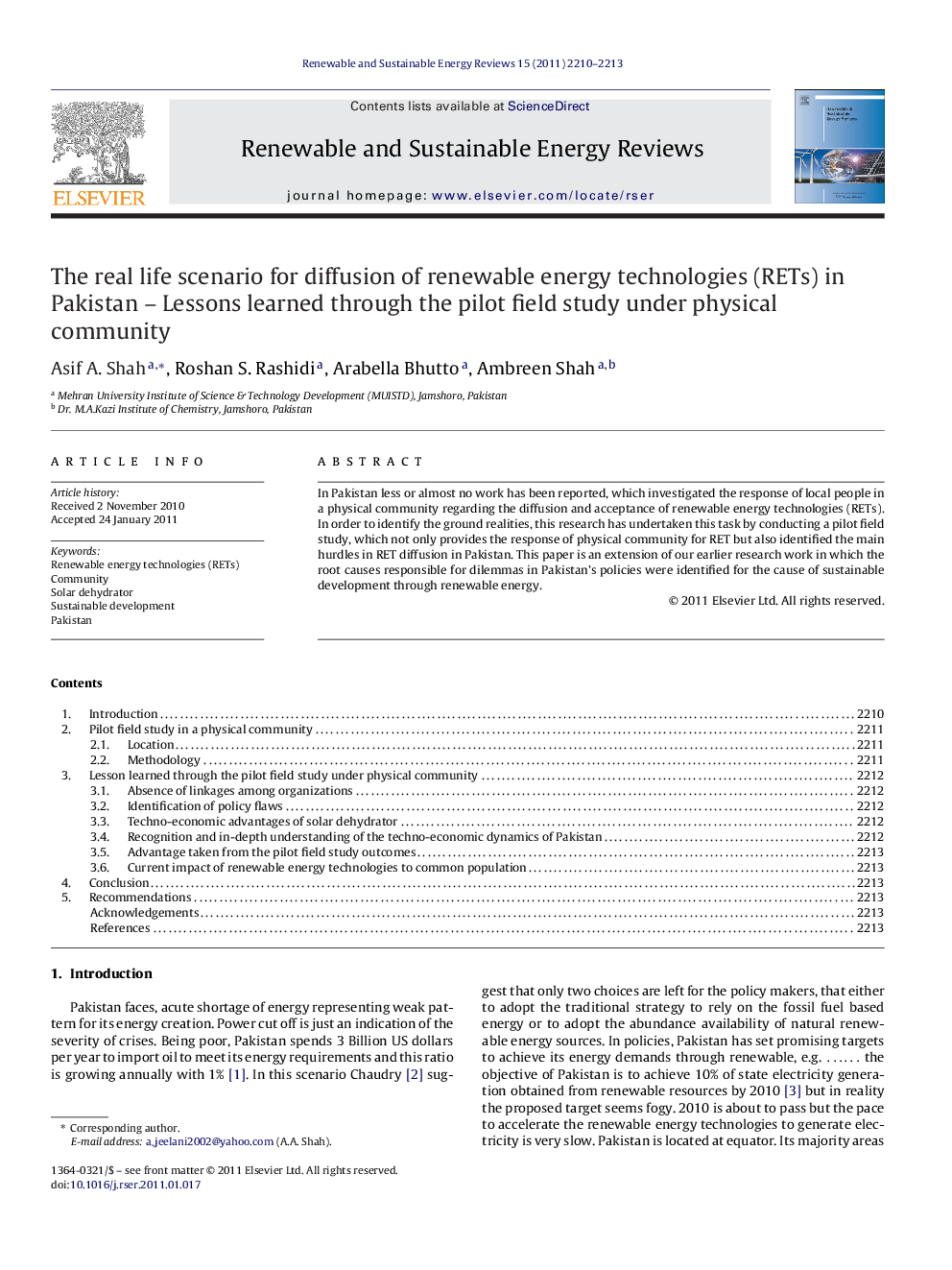 The real life scenario for diffusion of renewable energy technologies (RETs) in Pakistan – Lessons learned through the pilot field study under physical community