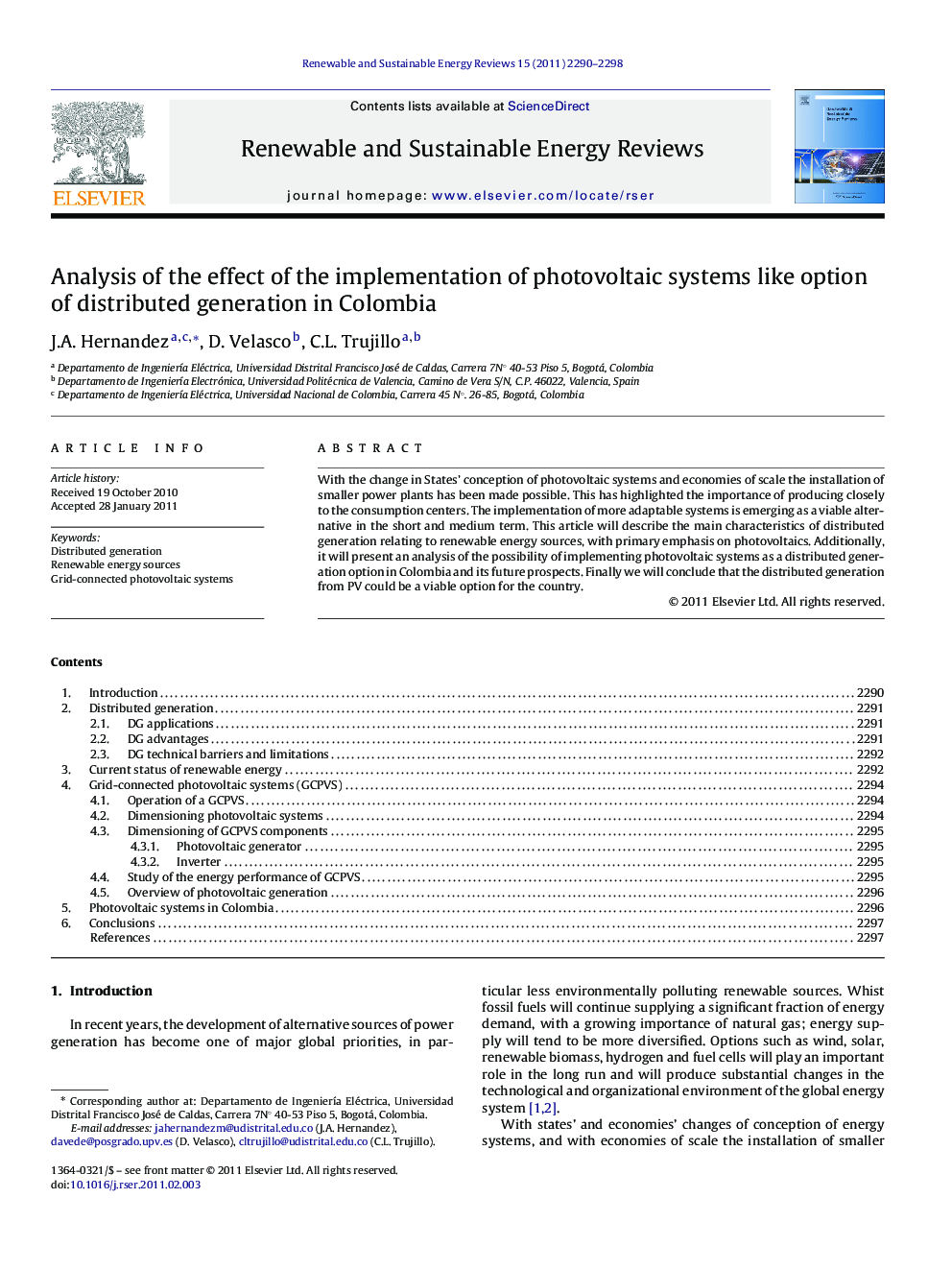 Analysis of the effect of the implementation of photovoltaic systems like option of distributed generation in Colombia