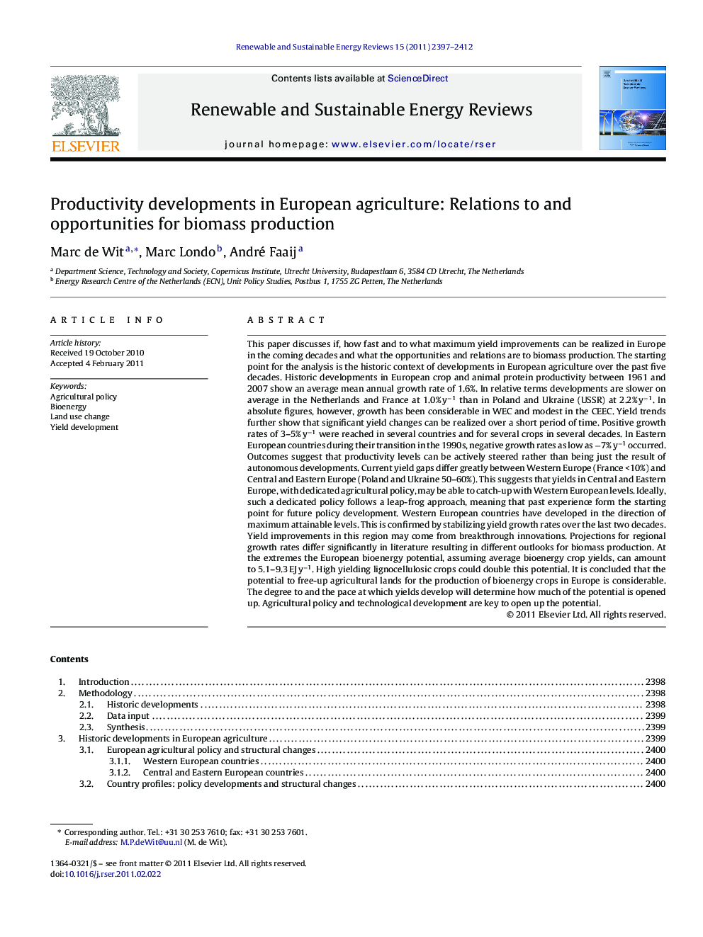 Productivity developments in European agriculture: Relations to and opportunities for biomass production