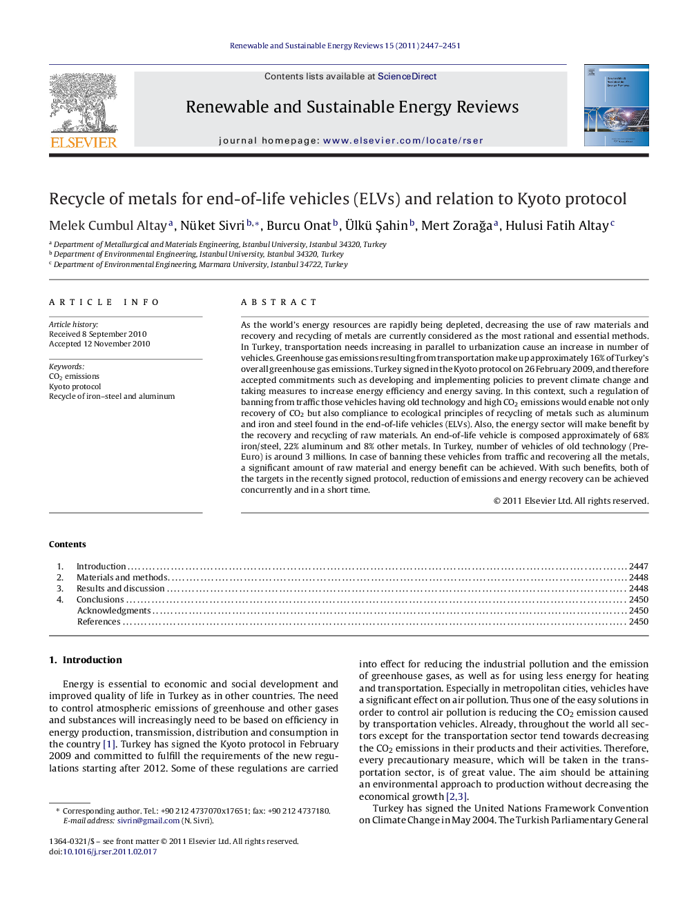 Recycle of metals for end-of-life vehicles (ELVs) and relation to Kyoto protocol