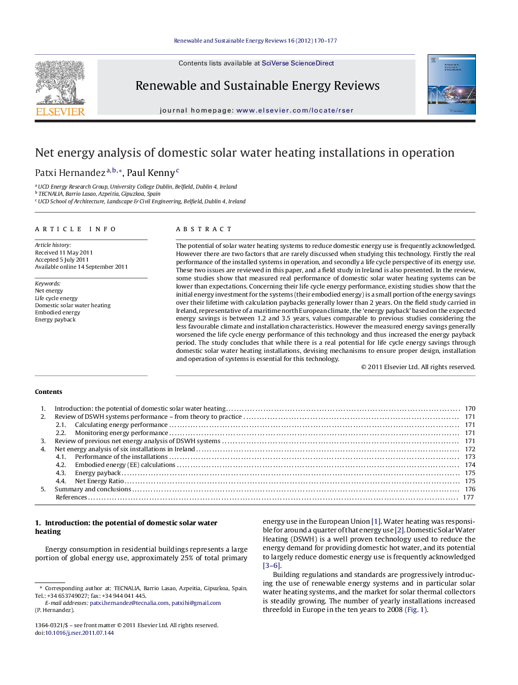 Net energy analysis of domestic solar water heating installations in operation