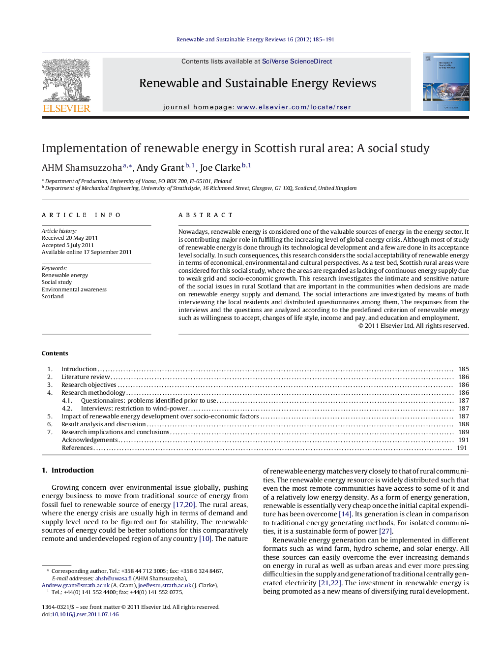 Implementation of renewable energy in Scottish rural area: A social study