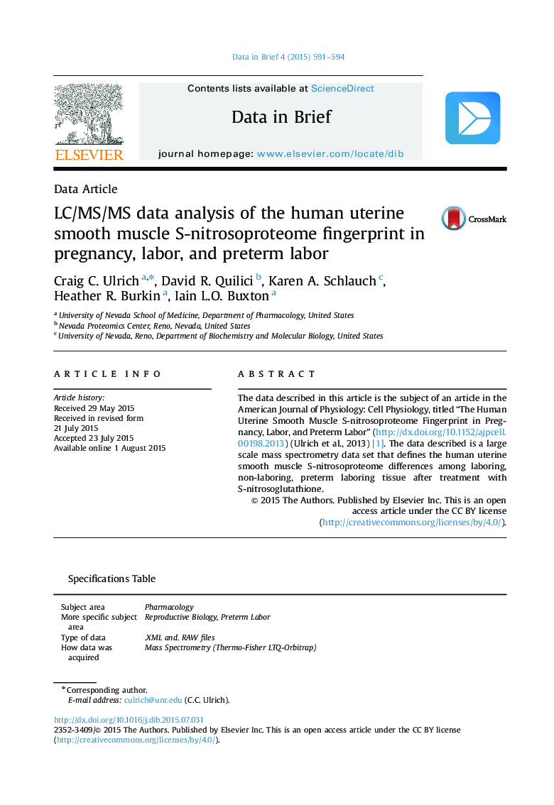 LC/MS/MS data analysis of the human uterine smooth muscle S-nitrosoproteome fingerprint in pregnancy, labor, and preterm labor
