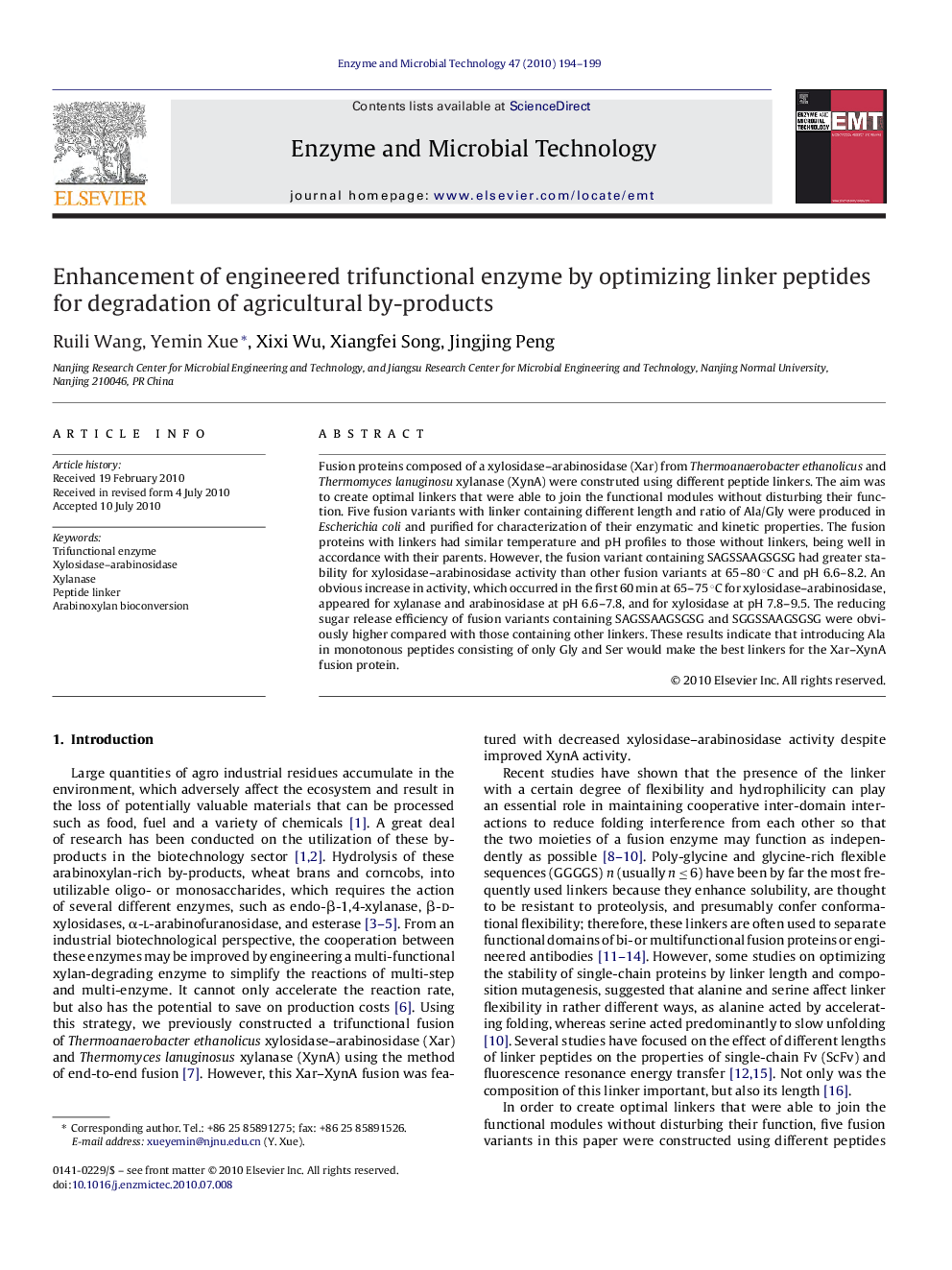 Enhancement of engineered trifunctional enzyme by optimizing linker peptides for degradation of agricultural by-products