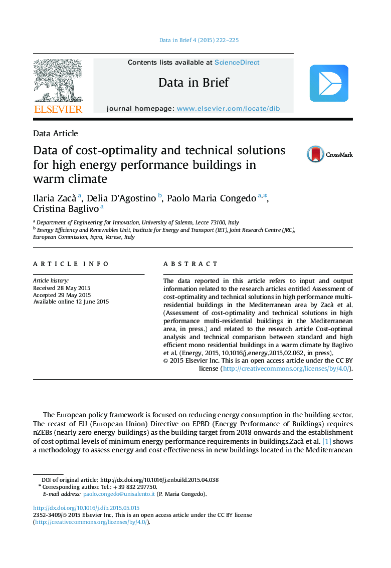 Data of cost-optimality and technical solutions for high energy performance buildings in warm climate