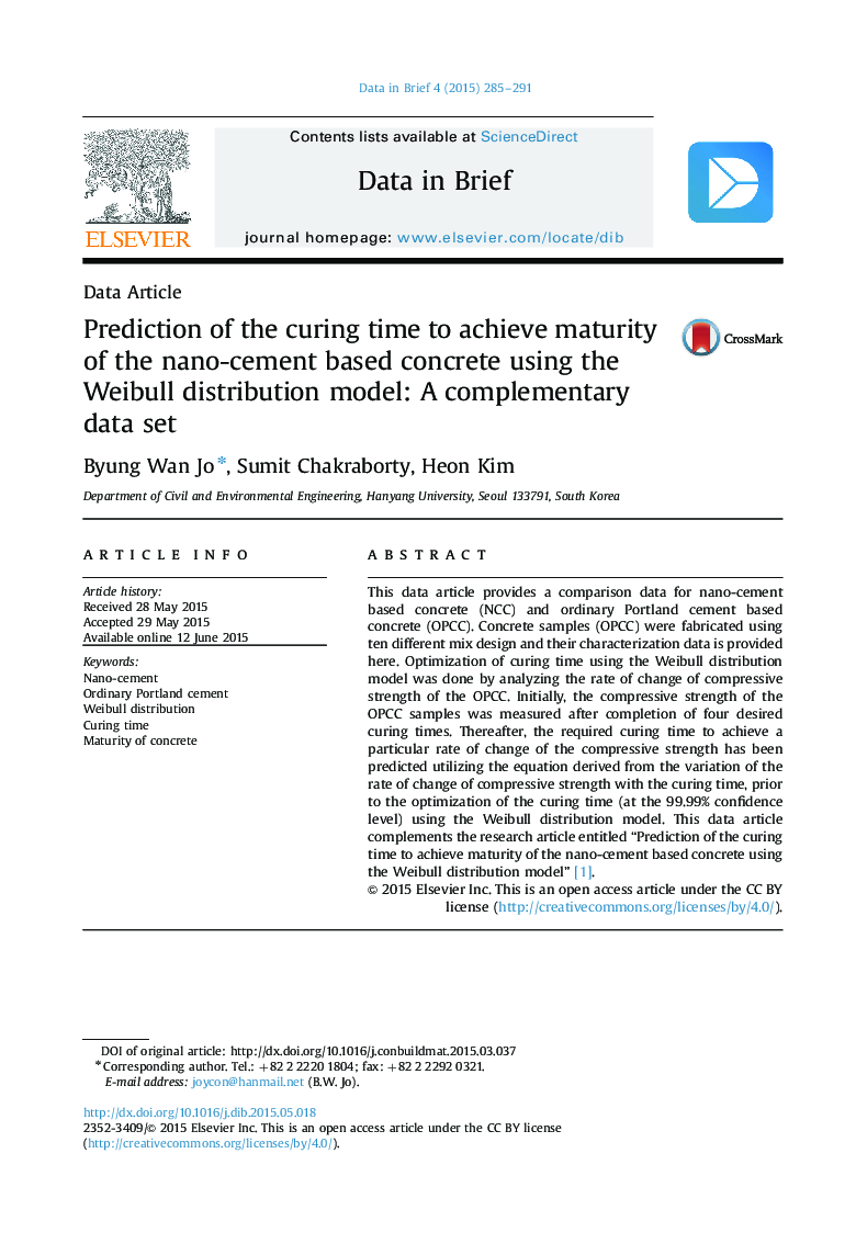 Prediction of the curing time to achieve maturity of the nano-cement based concrete using the Weibull distribution model: A complementary data set