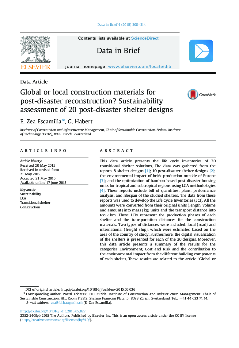 Global or local construction materials for post-disaster reconstruction? Sustainability assessment of 20 post-disaster shelter designs