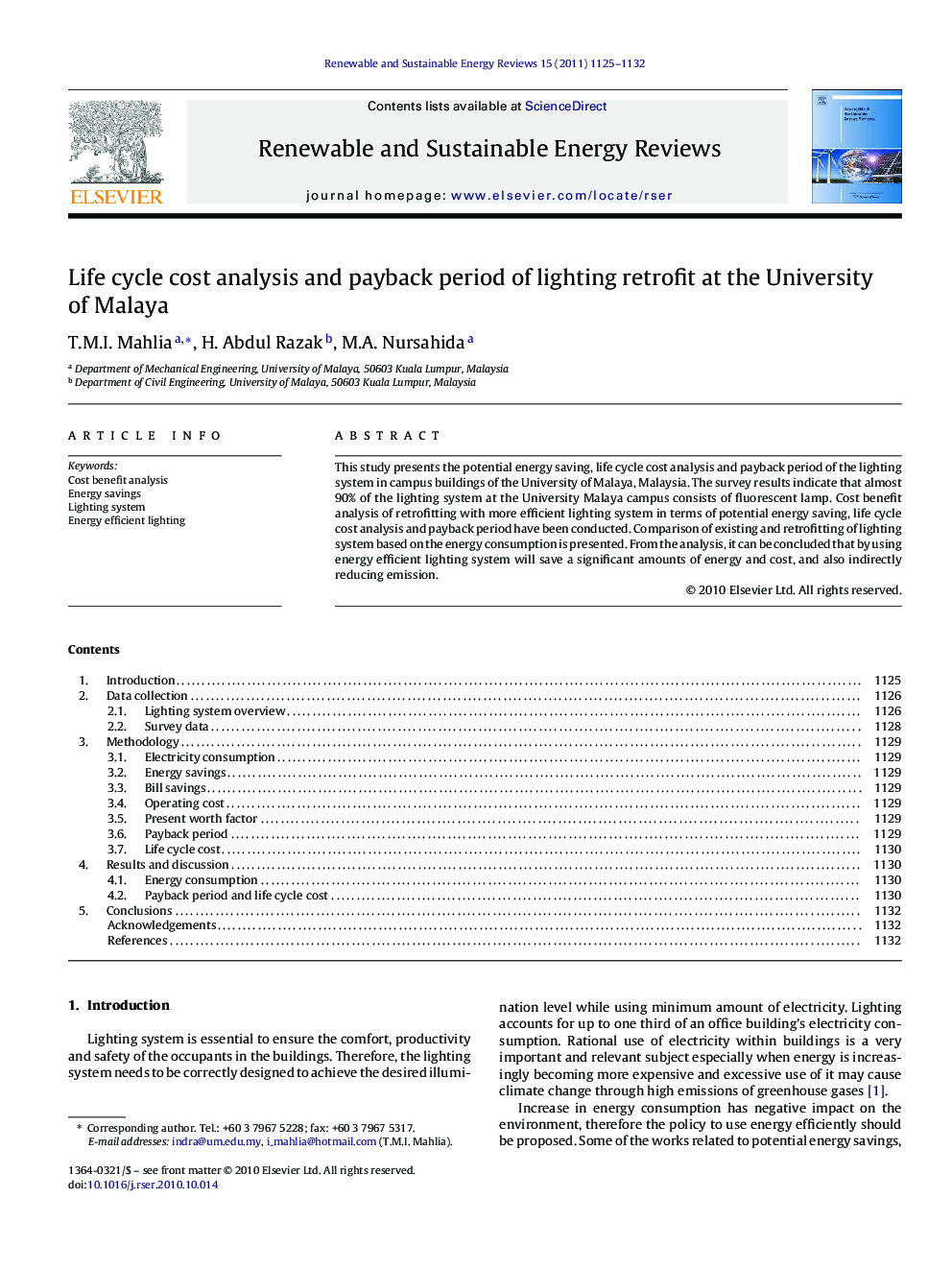 Life cycle cost analysis and payback period of lighting retrofit at the University of Malaya