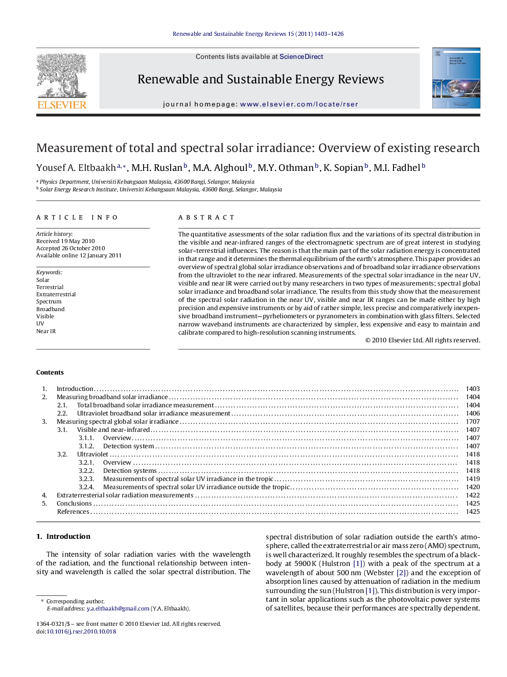 Measurement of total and spectral solar irradiance: Overview of existing research