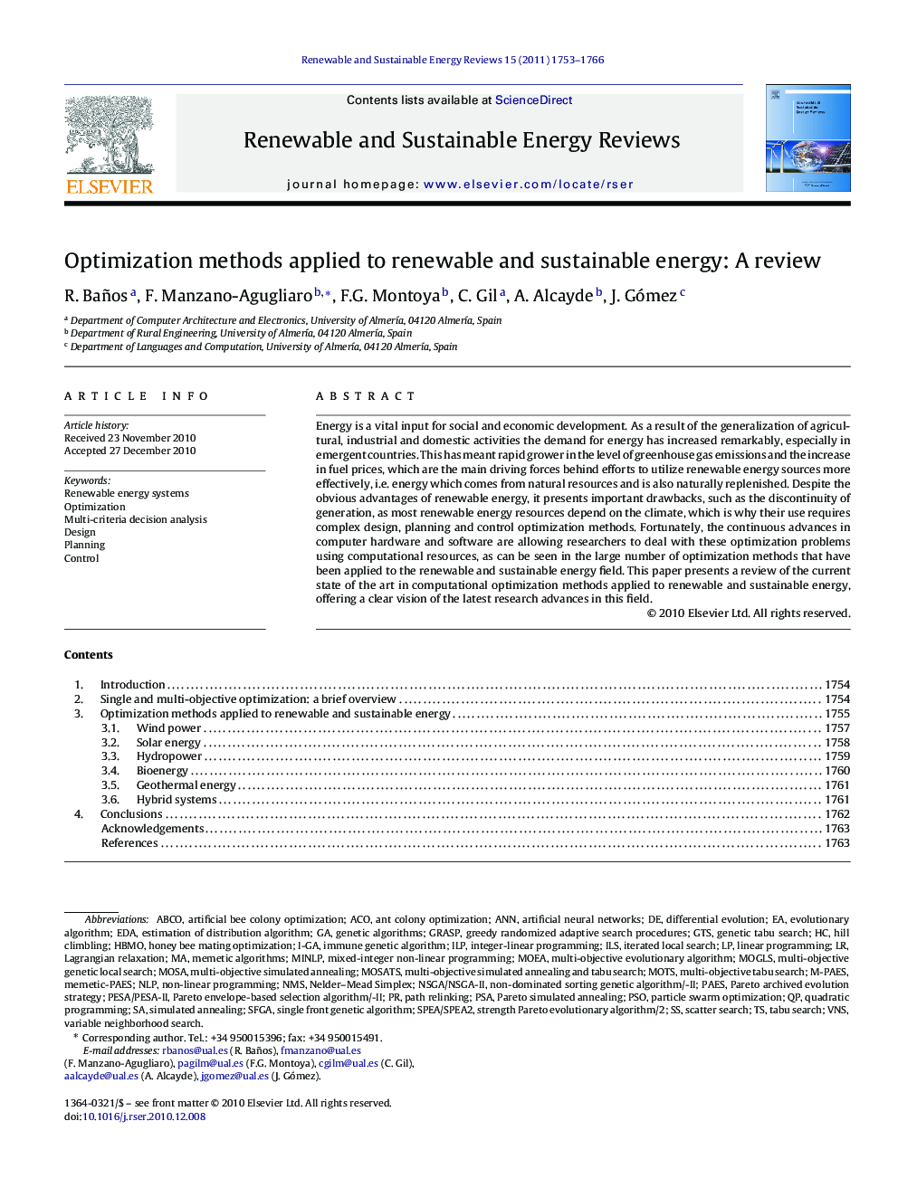 Optimization methods applied to renewable and sustainable energy: A review