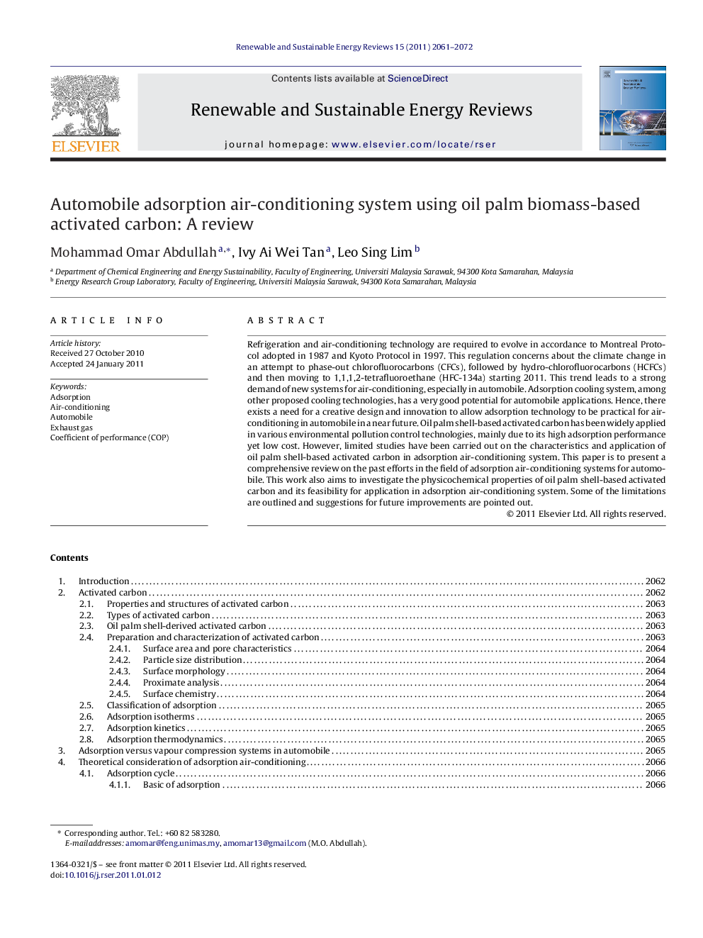 عکس صفحه اول مقاله: Automobile adsorption air-conditioning system using oil palm biomass-based activated carbon: A review Automobile adsorption air-conditioning system using oil palm biomass-based activated carbon: A review