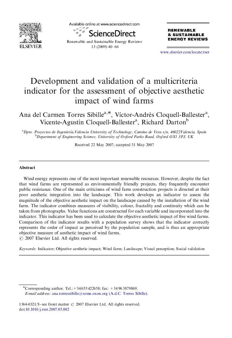 Development and validation of a multicriteria indicator for the assessment of objective aesthetic impact of wind farms