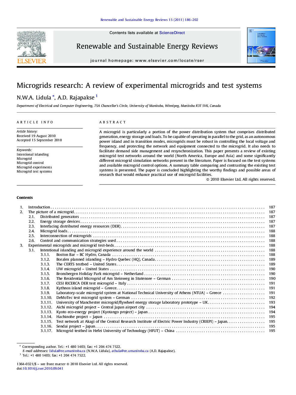 Microgrids research: A review of experimental microgrids and test systems