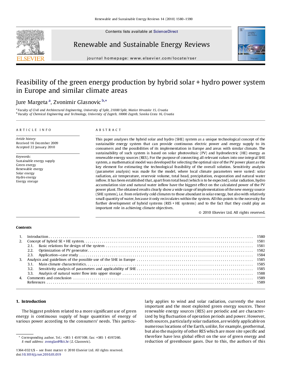 Feasibility of the green energy production by hybrid solar + hydro power system in Europe and similar climate areas