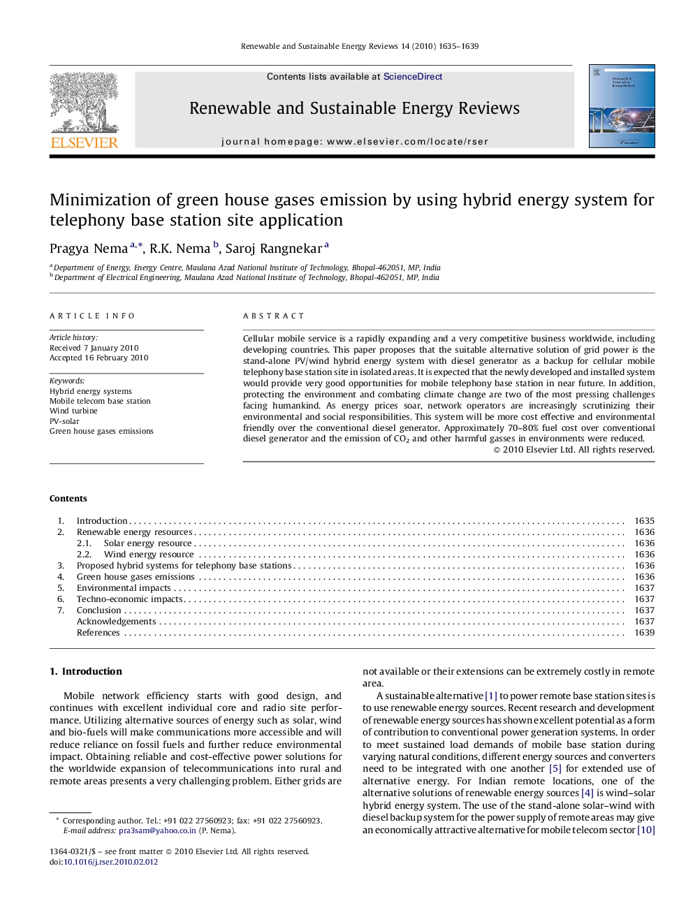 Minimization of green house gases emission by using hybrid energy system for telephony base station site application