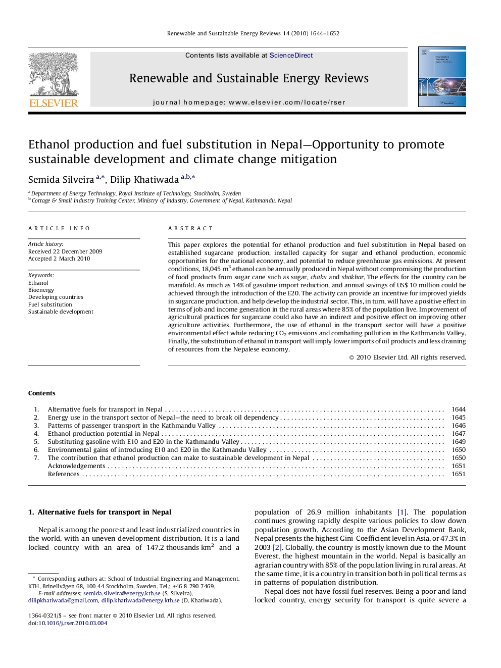 Ethanol production and fuel substitution in Nepal—Opportunity to promote sustainable development and climate change mitigation