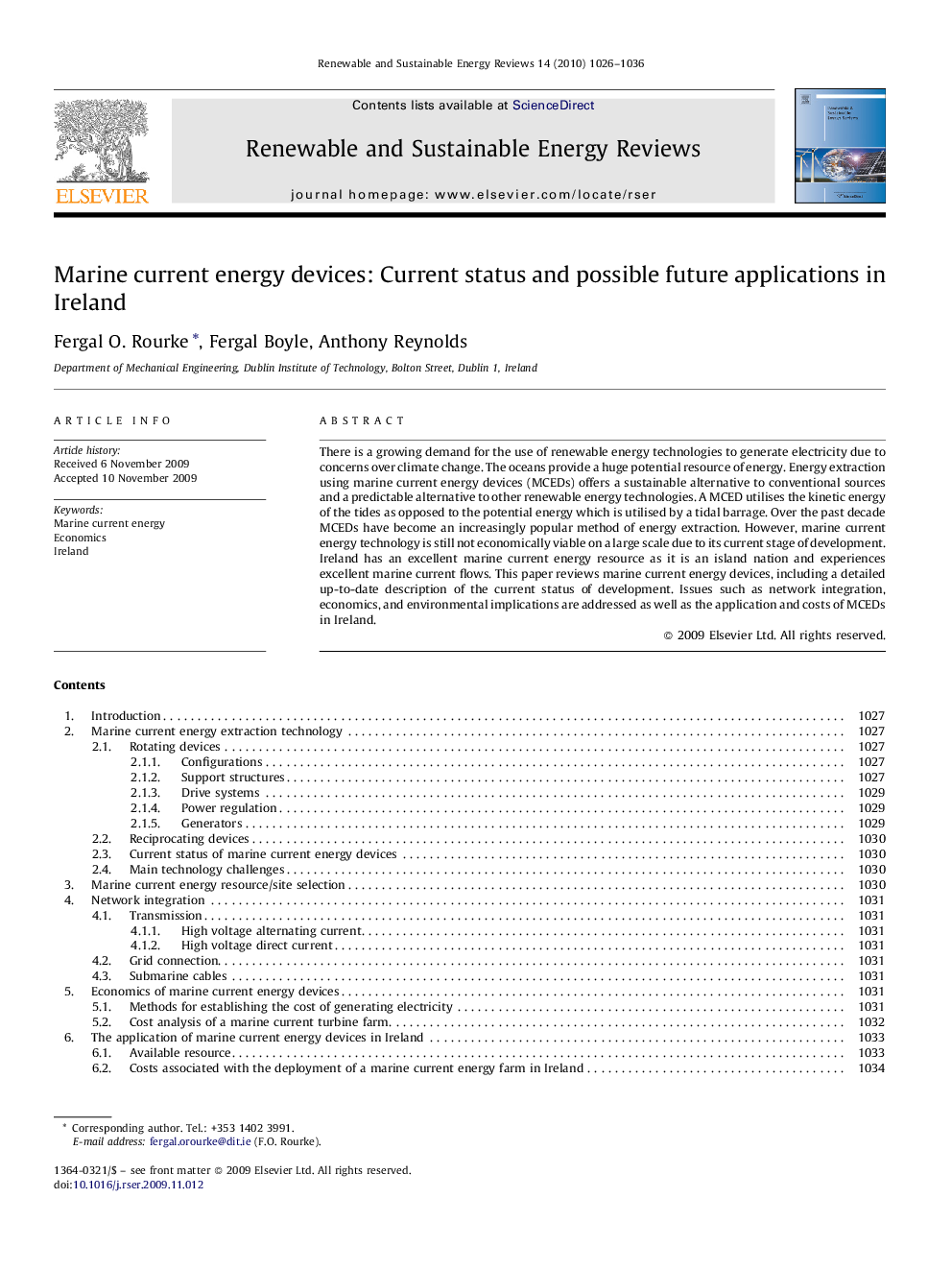 Marine current energy devices: Current status and possible future applications in Ireland