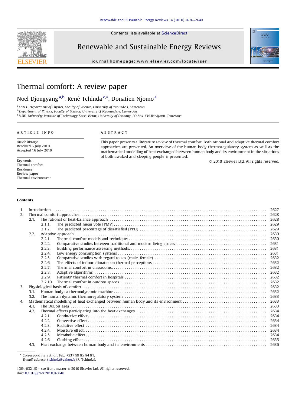 Thermal comfort: A review paper