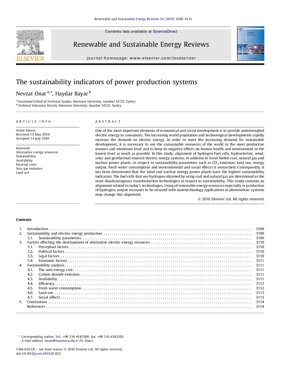 The sustainability indicators of power production systems