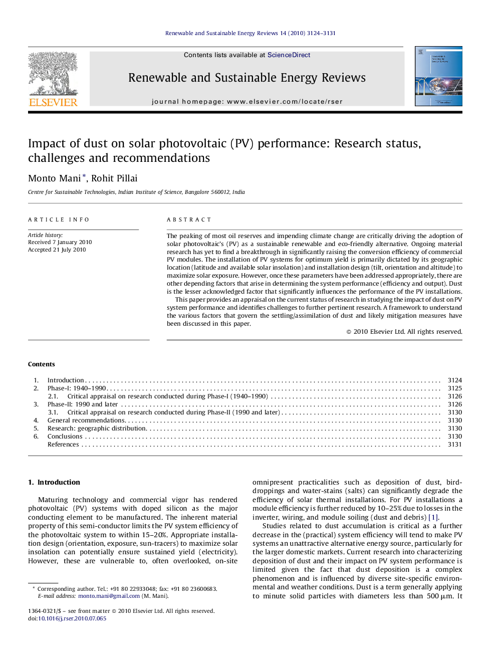 Impact of dust on solar photovoltaic (PV) performance: Research status, challenges and recommendations