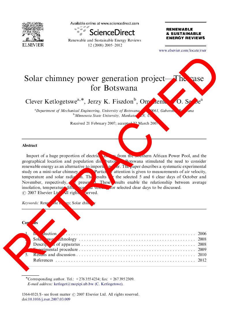 RETRACTED: Solar chimney power generation project—The case for Botswana