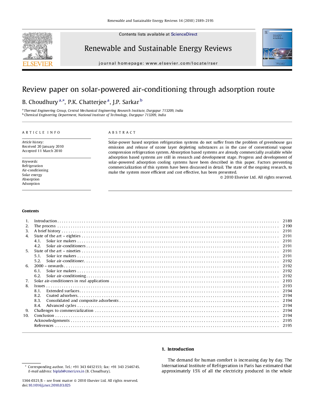 عکس صفحه اول مقاله: Review paper on solar-powered air-conditioning through adsorption route Review paper on solar-powered air-conditioning through adsorption route