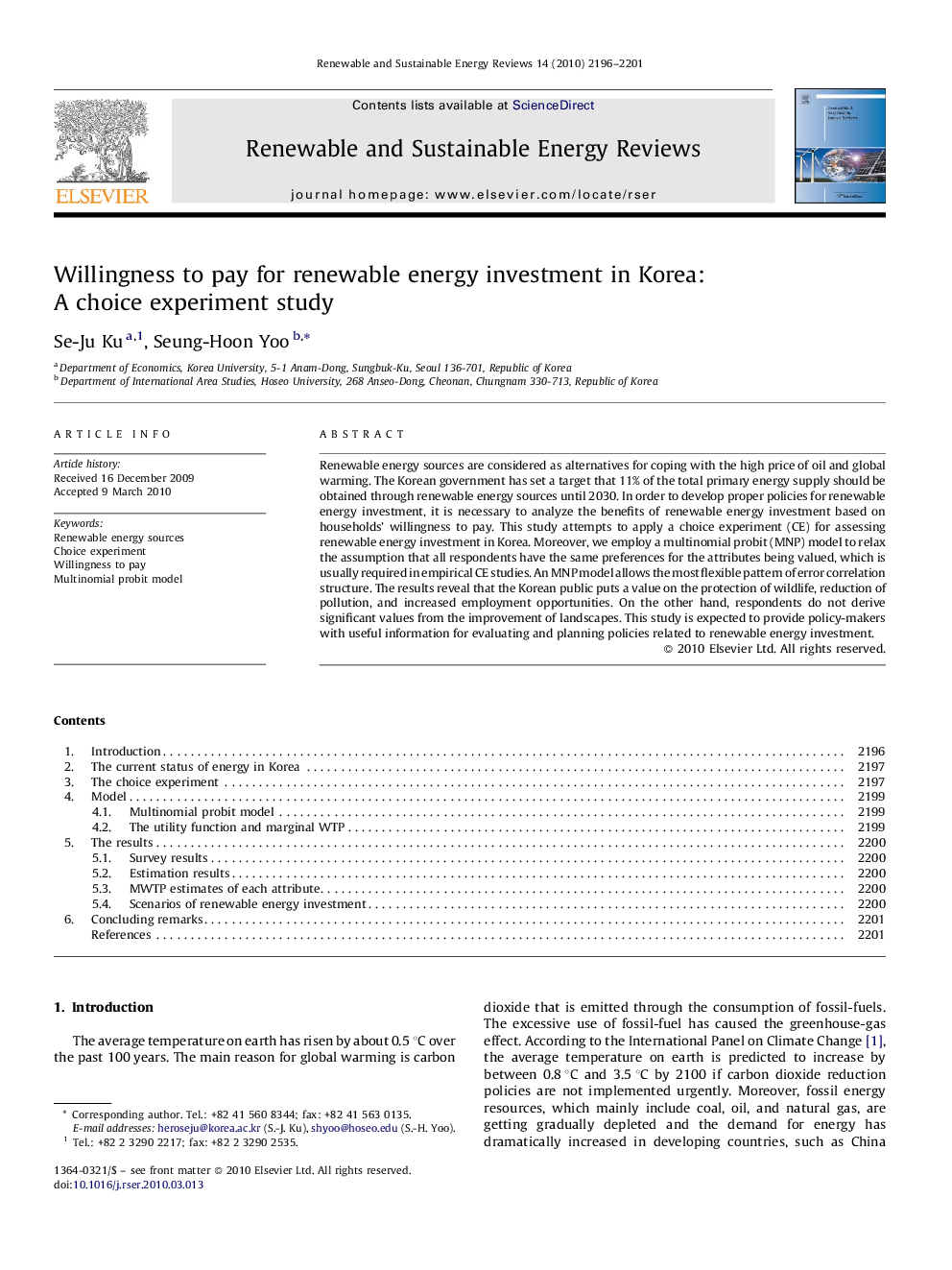 عکس صفحه اول مقاله: Willingness to pay for renewable energy investment in Korea: A choice experiment study Willingness to pay for renewable energy investment in Korea: A choice experiment study